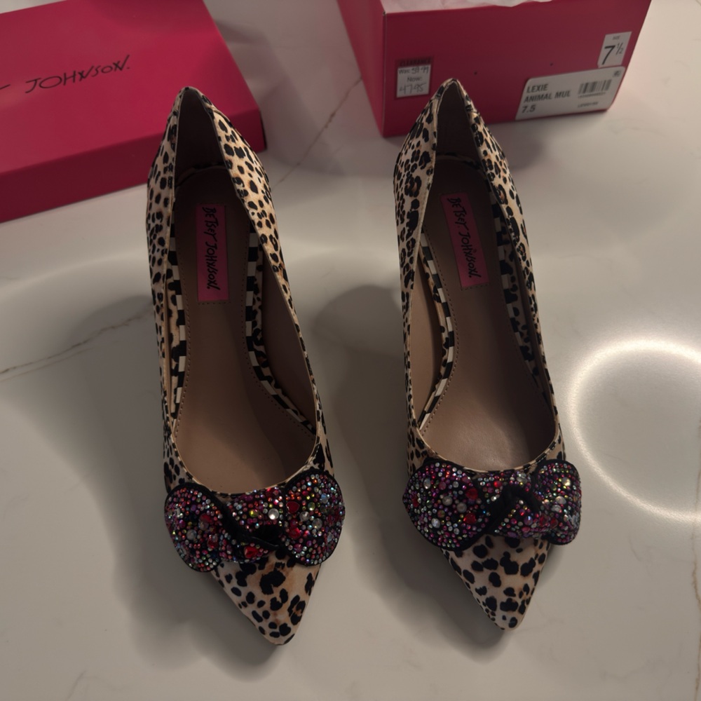 Betsey Johnson Black and Cream Leopard Heels with Sparkle Bow